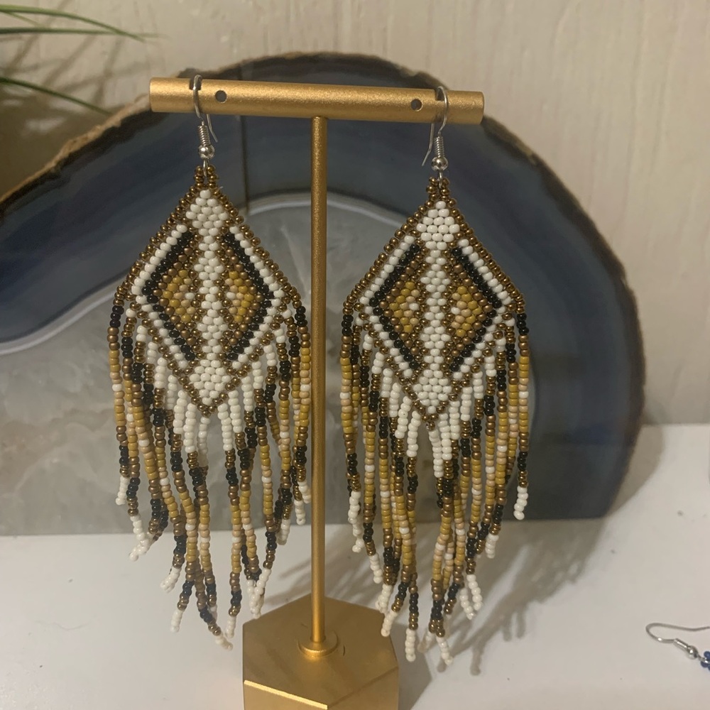 Bohemian Beaded Fringe Earrings in Gold, White, and Brown